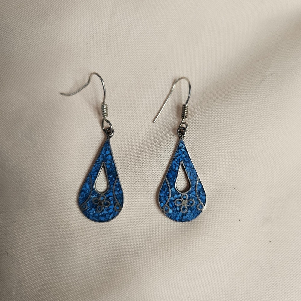 Vintage Taxco‎ Mexico 925 Sterling Silver Blue Turquoise Inlay Teardrop Earrings